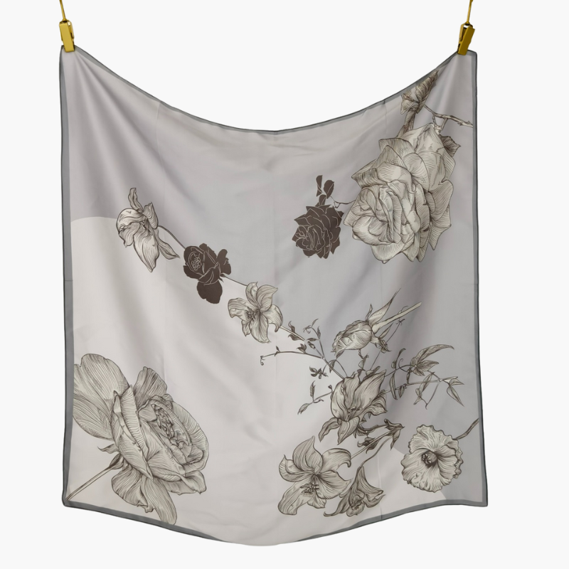 Silketørklæde | Grå Blommor | 90 CM